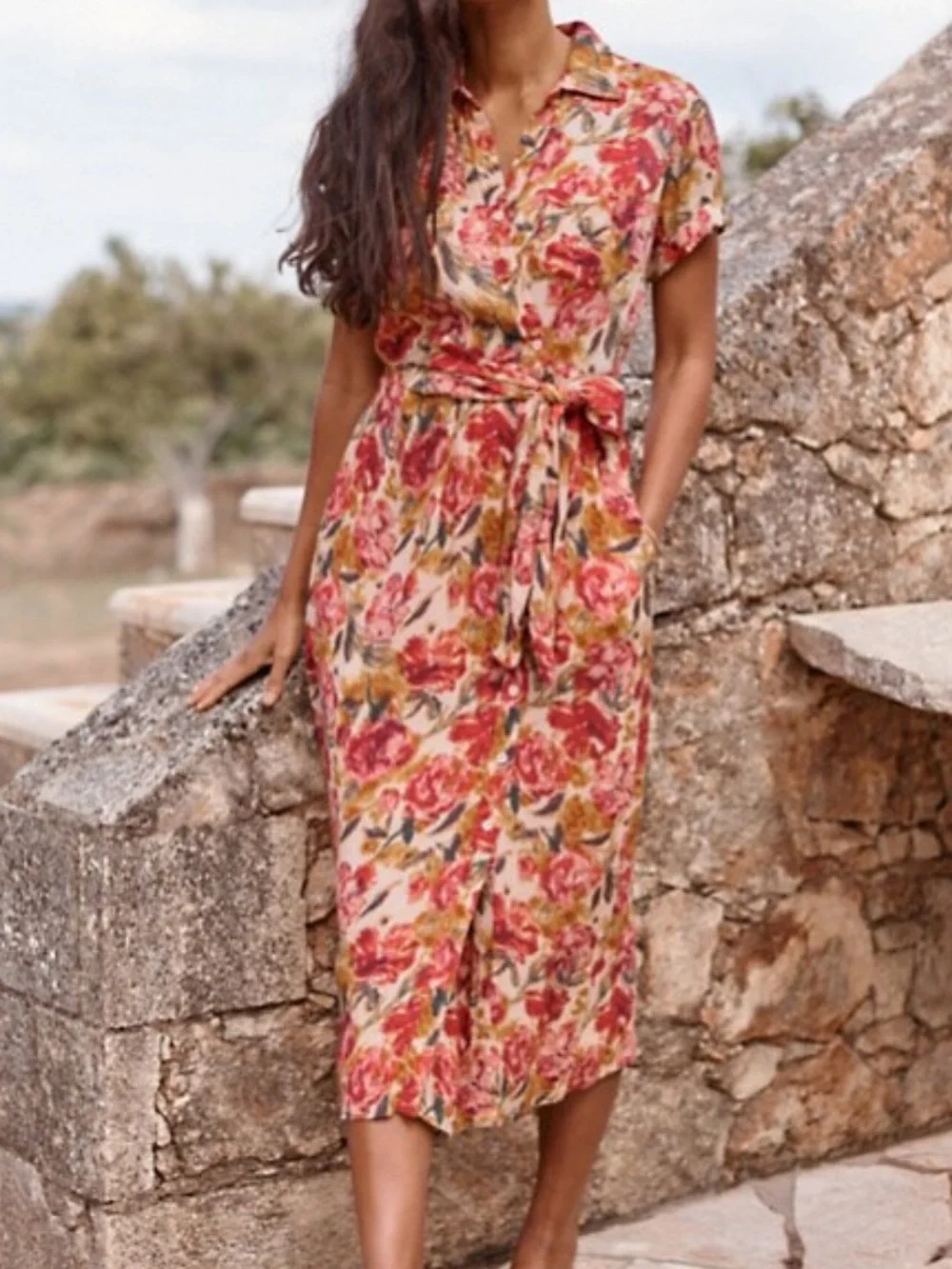 Garnet Hill Anya Tie Front Crepe Midi Dress